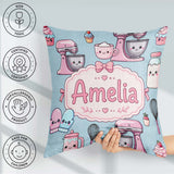 Custom Name Kawaii Tools Mixer Cake and Cupcake on Blue Seamless Square Filled Cushion Throw Pillow Sofa Bed Home Decor Zip Washable UK Made