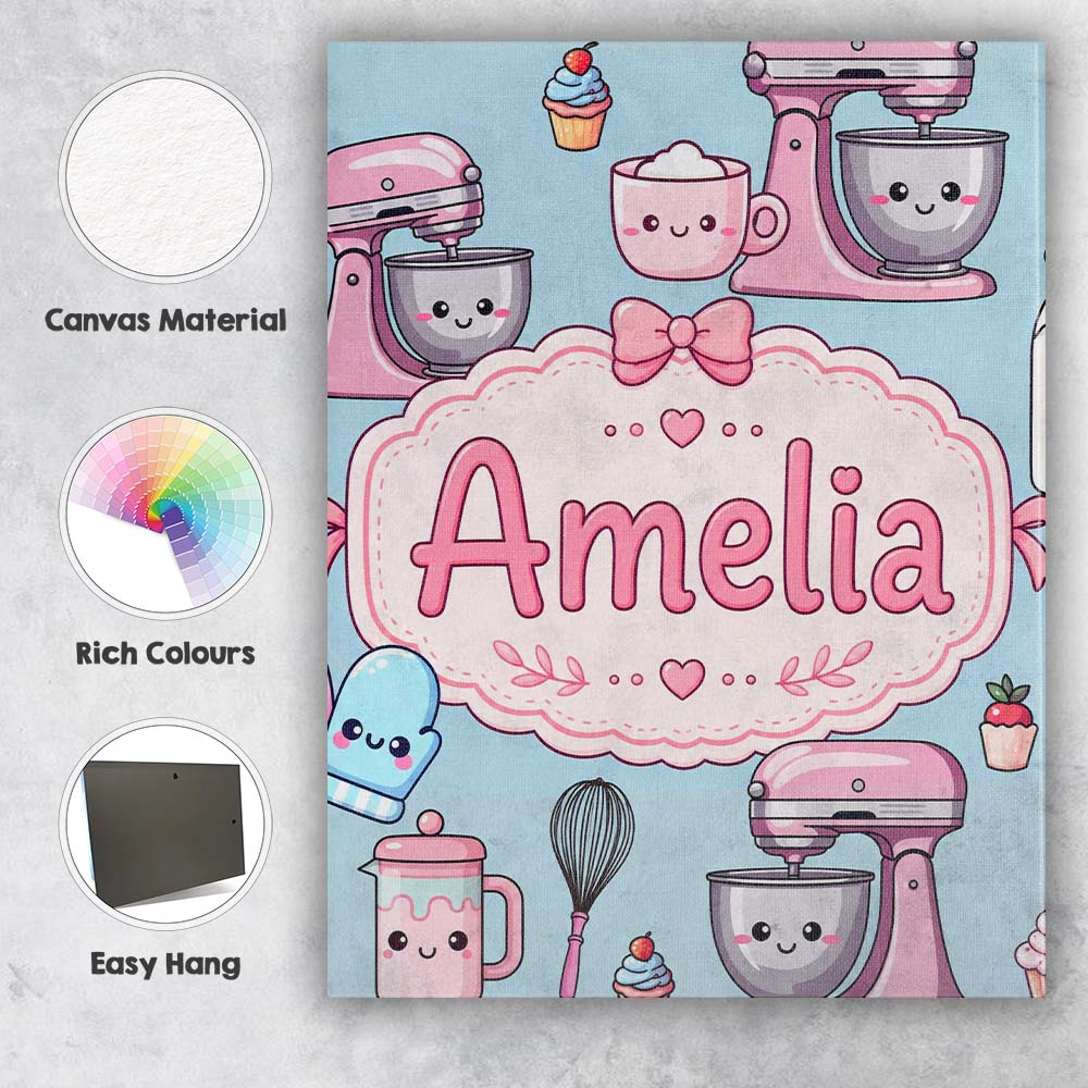 Personalised Name Kawaii Baking Tools Mixer Custom  Bespoke Interior Contemporary Canvas Wall Art Print Decor Picture Ready to Hang