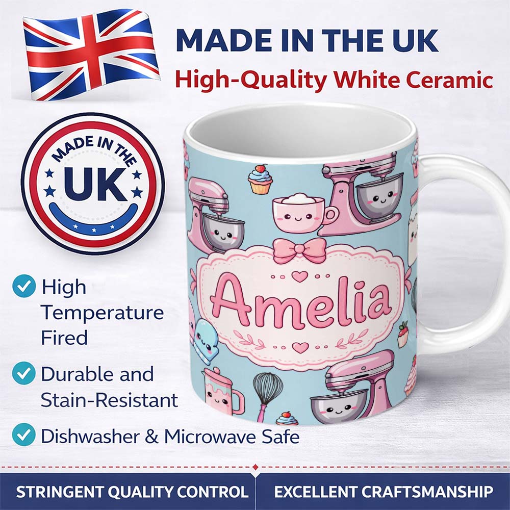 Personalized Custom Name Kawaii Baking Tools Mixer Cake and Cupcake on Blue Seamless Pattern 11oz Ceramic Coffee Tea Mug White Large Handle