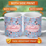 Personalized Custom Name Cute Love Couple Gifts Cakes Teddy Bear Seamless Pattern Blue Lovely 11oz Ceramic Coffee Tea Mug White Large Handle