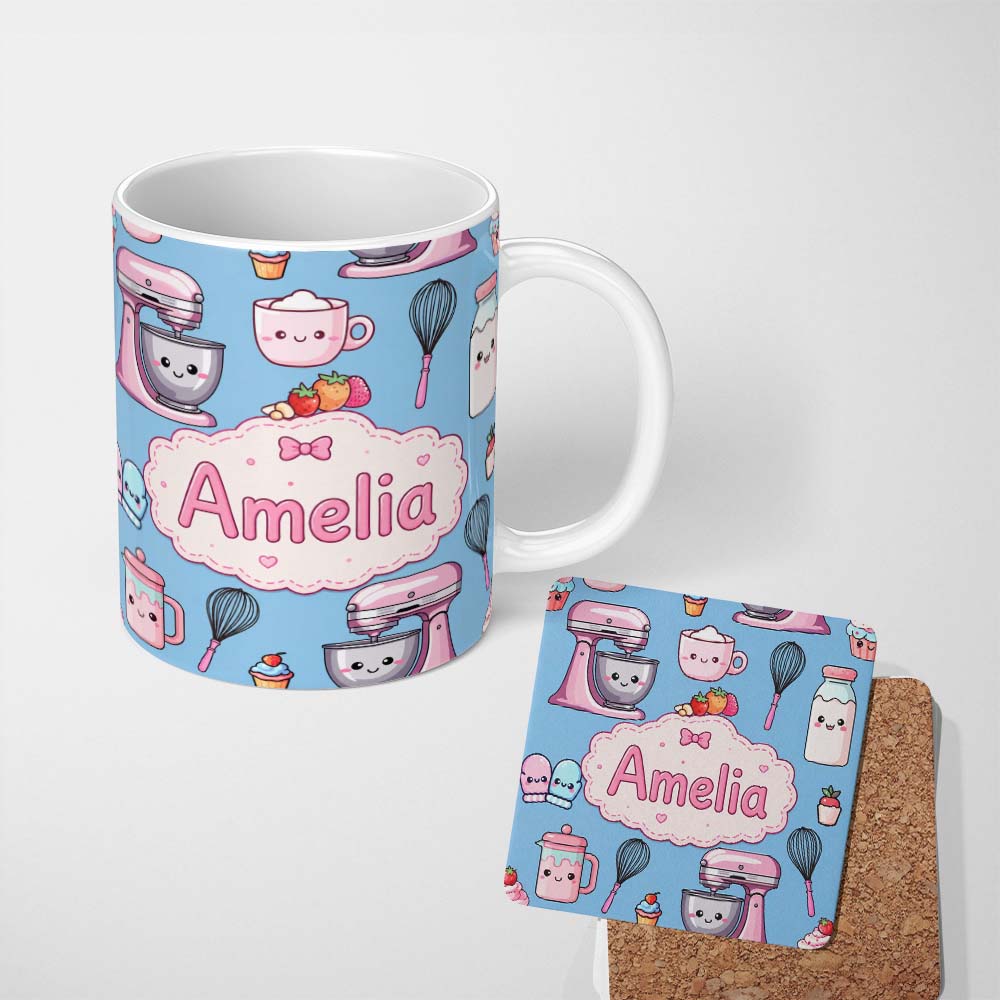 Personalized Custom Name Kawaii Baking Mixer Cake and Cupcake Tools on Blue Seamless Pattern 11oz Ceramic Coffee Tea Mug White Large Handle