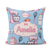 Custom Name Kawaii Mixer Cake and Cupcake Tools on Blue Seamless Square Filled Cushion Throw Pillow Sofa Bed Home Decor Zip Washable UK Made