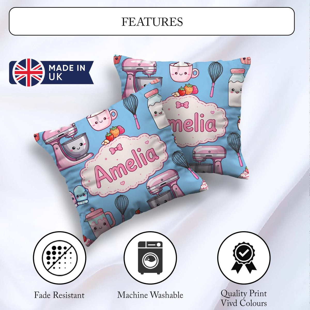 Custom Name Kawaii Mixer Cake and Cupcake Tools on Blue Seamless Square Filled Cushion Throw Pillow Sofa Bed Home Decor Zip Washable UK Made
