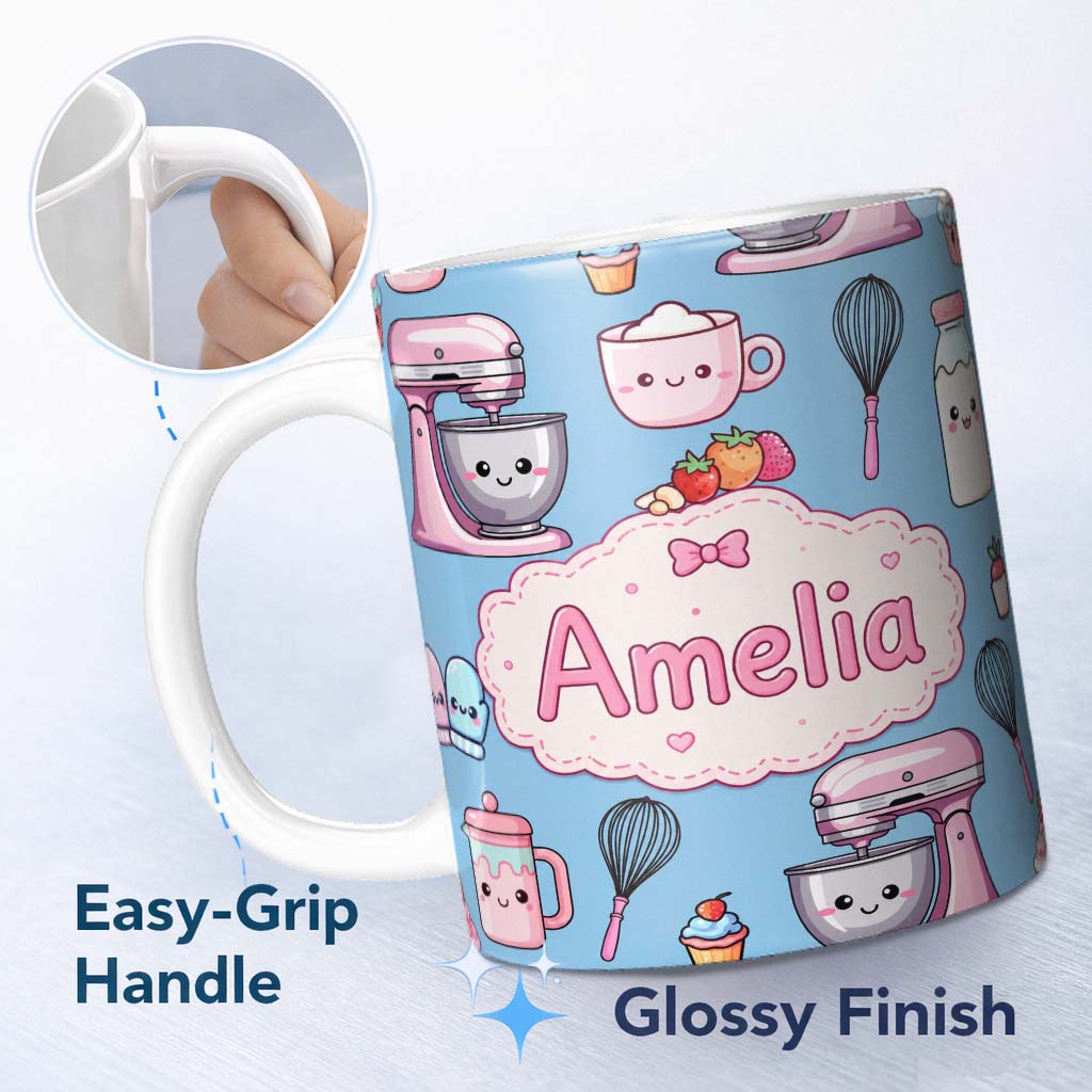 Personalized Custom Name Kawaii Baking Mixer Cake and Cupcake Tools on Blue Seamless Pattern 11oz Ceramic Coffee Tea Mug White Large Handle