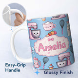 Personalized Custom Name Kawaii Baking Mixer Cake and Cupcake Tools on Blue Seamless Pattern 11oz Ceramic Coffee Tea Mug White Large Handle