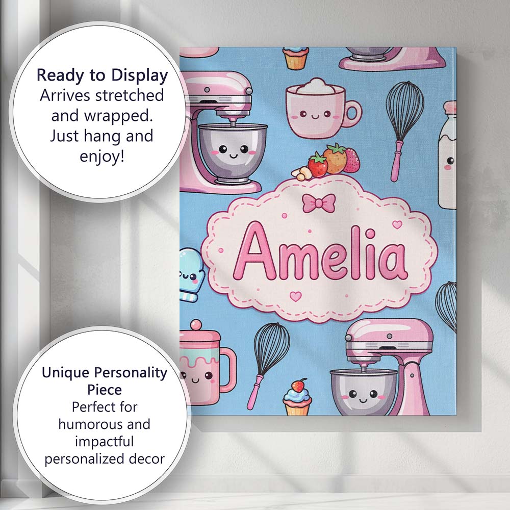 Personalised Name Kawaii Baking Mixer Cake Custom  Unique Gift Idea Elegant Feature Canvas Wall Art Print Decor Picture Ready to Hang