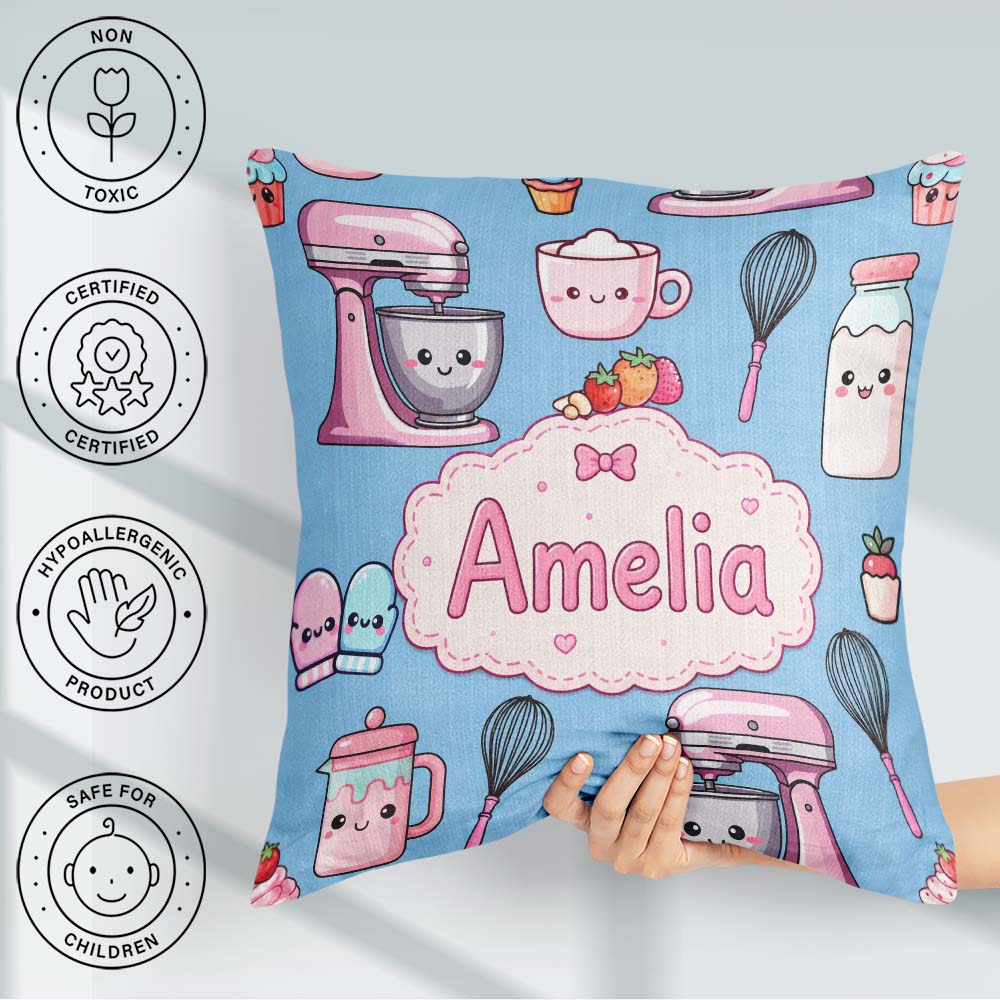 Custom Name Kawaii Mixer Cake and Cupcake Tools on Blue Seamless Square Filled Cushion Throw Pillow Sofa Bed Home Decor Zip Washable UK Made