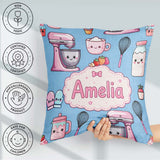 Custom Name Kawaii Mixer Cake and Cupcake Tools on Blue Seamless Square Filled Cushion Throw Pillow Sofa Bed Home Decor Zip Washable UK Made