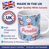 Personalized Custom Name Kawaii Baking Mixer Cake and Cupcake Tools on Blue Seamless Pattern 11oz Ceramic Coffee Tea Mug White Large Handle