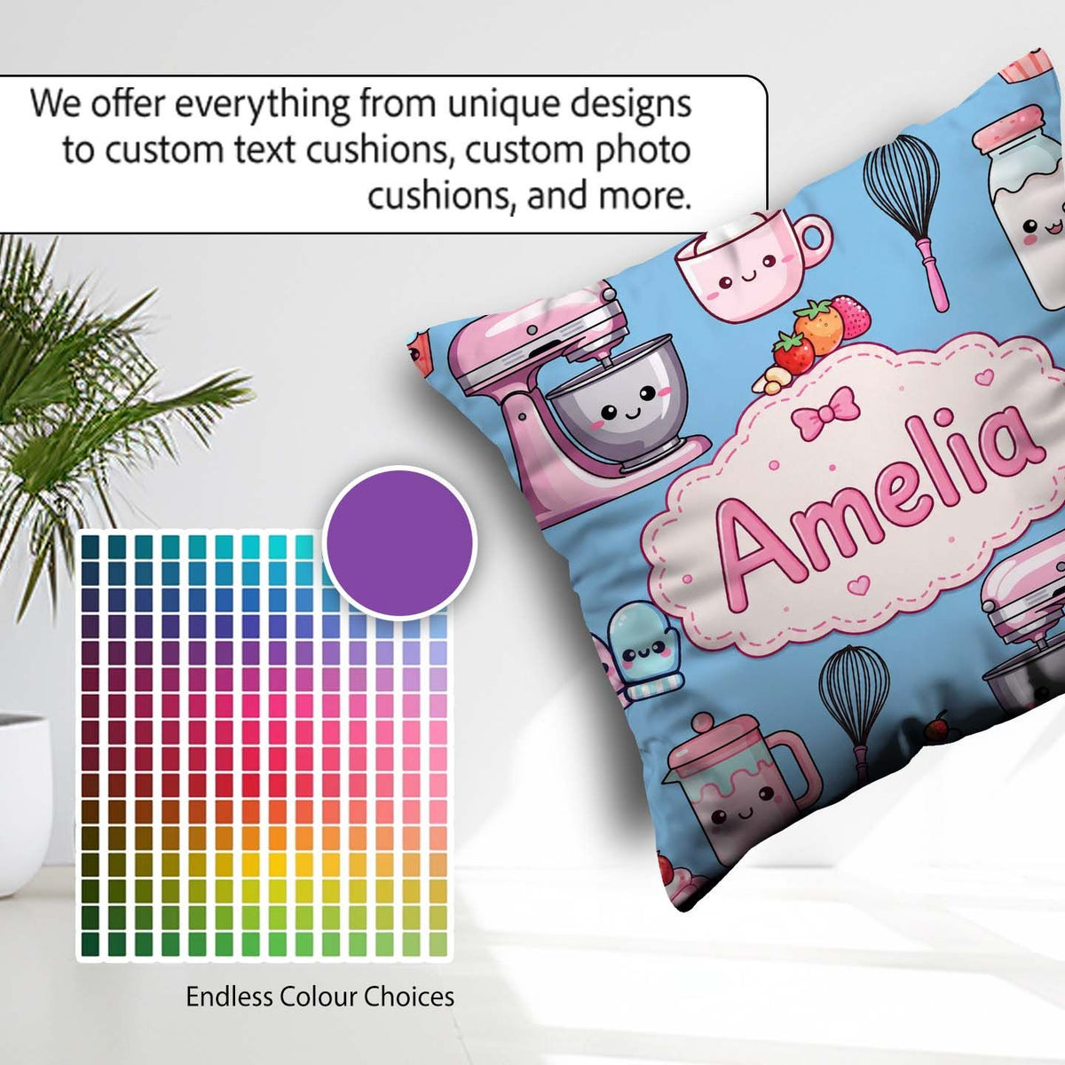 Custom Name Kawaii Mixer Cake and Cupcake Tools on Blue Seamless Square Filled Cushion Throw Pillow Sofa Bed Home Decor Zip Washable UK Made