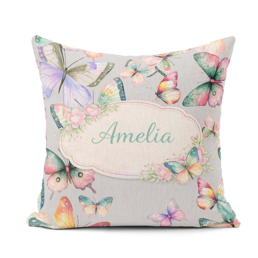 Custom Name Watercolor Butterflies Soft Grey Background Seamless Square Filled Cushion Throw Pillow Sofa Bed Home Decor Zip Washable UK Made