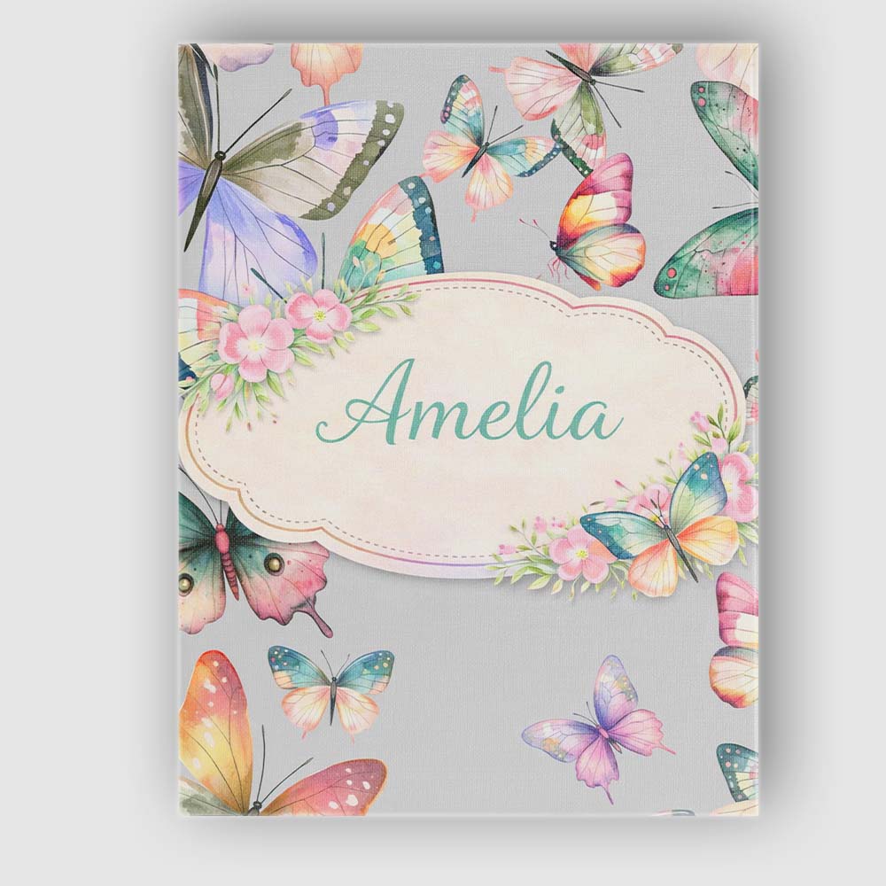 Personalised Name Pastel Watercolor Butterflies Soft Grey Background Custom  Home Canvas Wall Art Print Decor Picture Ready to Hang
