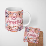 Personalized Custom Name Kawaii Baking Mixer Cake and Cupcake Tools on Peach Seamless 11oz Ceramic Coffee Tea Mug White Large Handle