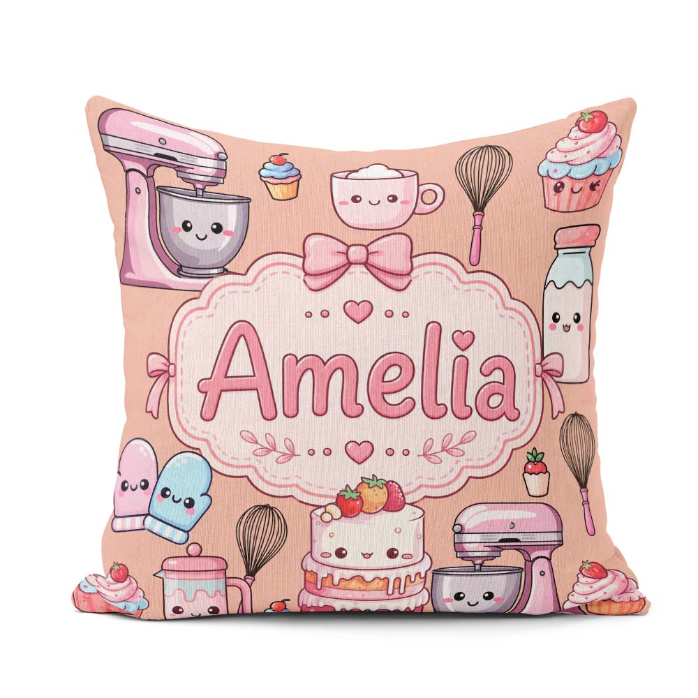 Custom Name Kawaii Baking Mixer Cake and Tools on Peach Seamless Square Filled Cushion Throw Pillow Sofa Bed Home Decor Zip Washable UK Made