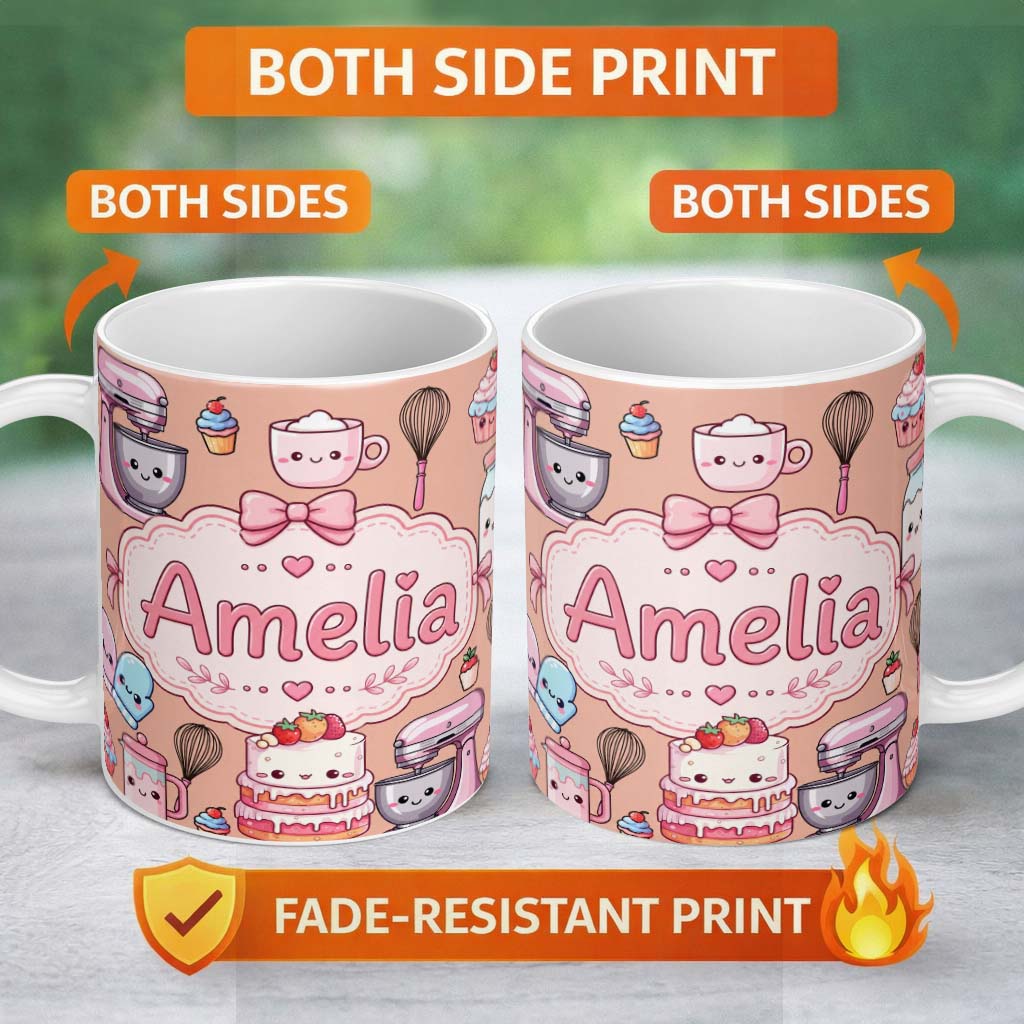 Personalized Custom Name Kawaii Baking Mixer Cake and Cupcake Tools on Peach Seamless 11oz Ceramic Coffee Tea Mug White Large Handle