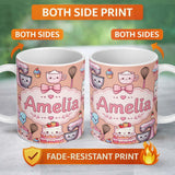 Personalized Custom Name Kawaii Baking Mixer Cake and Cupcake Tools on Peach Seamless 11oz Ceramic Coffee Tea Mug White Large Handle