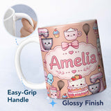 Personalized Custom Name Kawaii Baking Mixer Cake and Cupcake Tools on Peach Seamless 11oz Ceramic Coffee Tea Mug White Large Handle