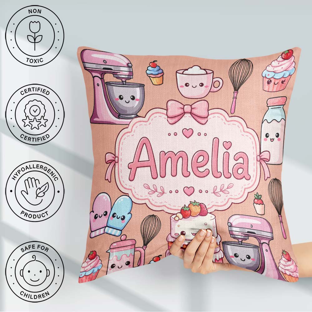 Custom Name Kawaii Baking Mixer Cake and Tools on Peach Seamless Square Filled Cushion Throw Pillow Sofa Bed Home Decor Zip Washable UK Made