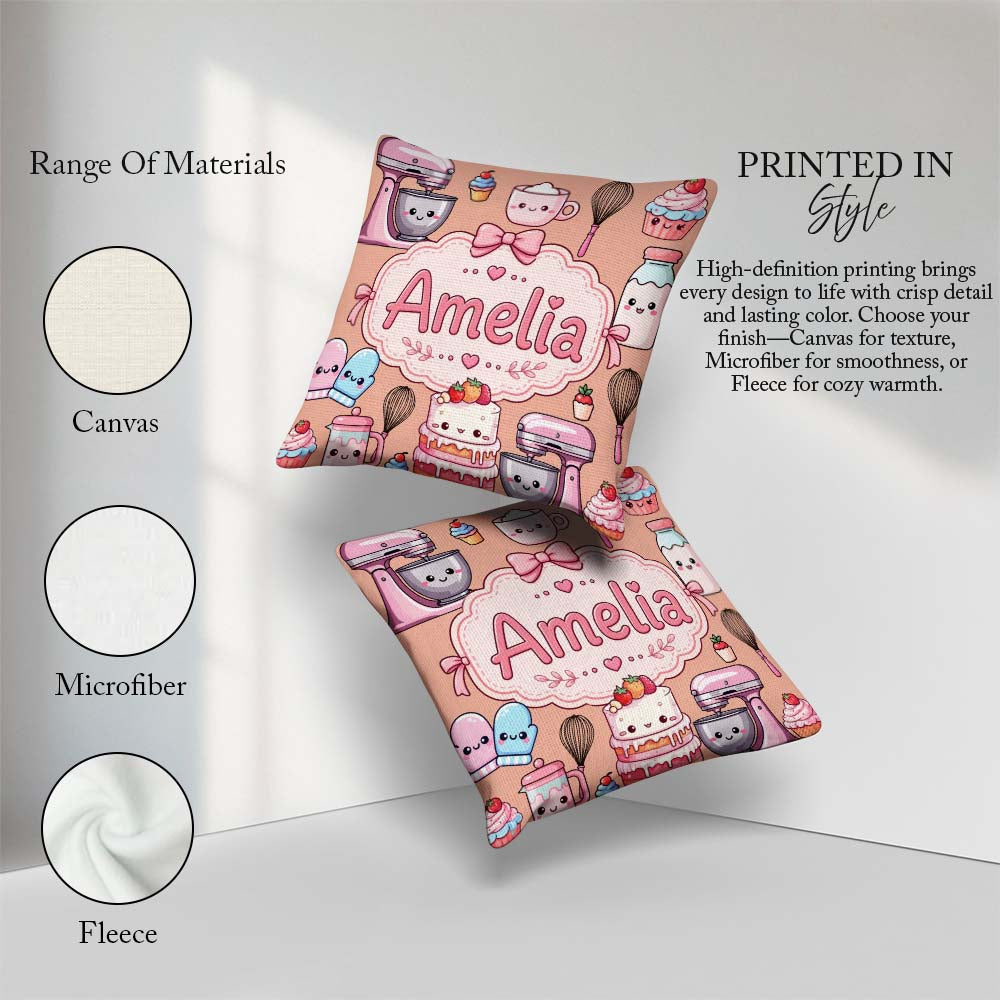 Custom Name Kawaii Baking Mixer Cake and Tools on Peach Seamless Square Filled Cushion Throw Pillow Sofa Bed Home Decor Zip Washable UK Made