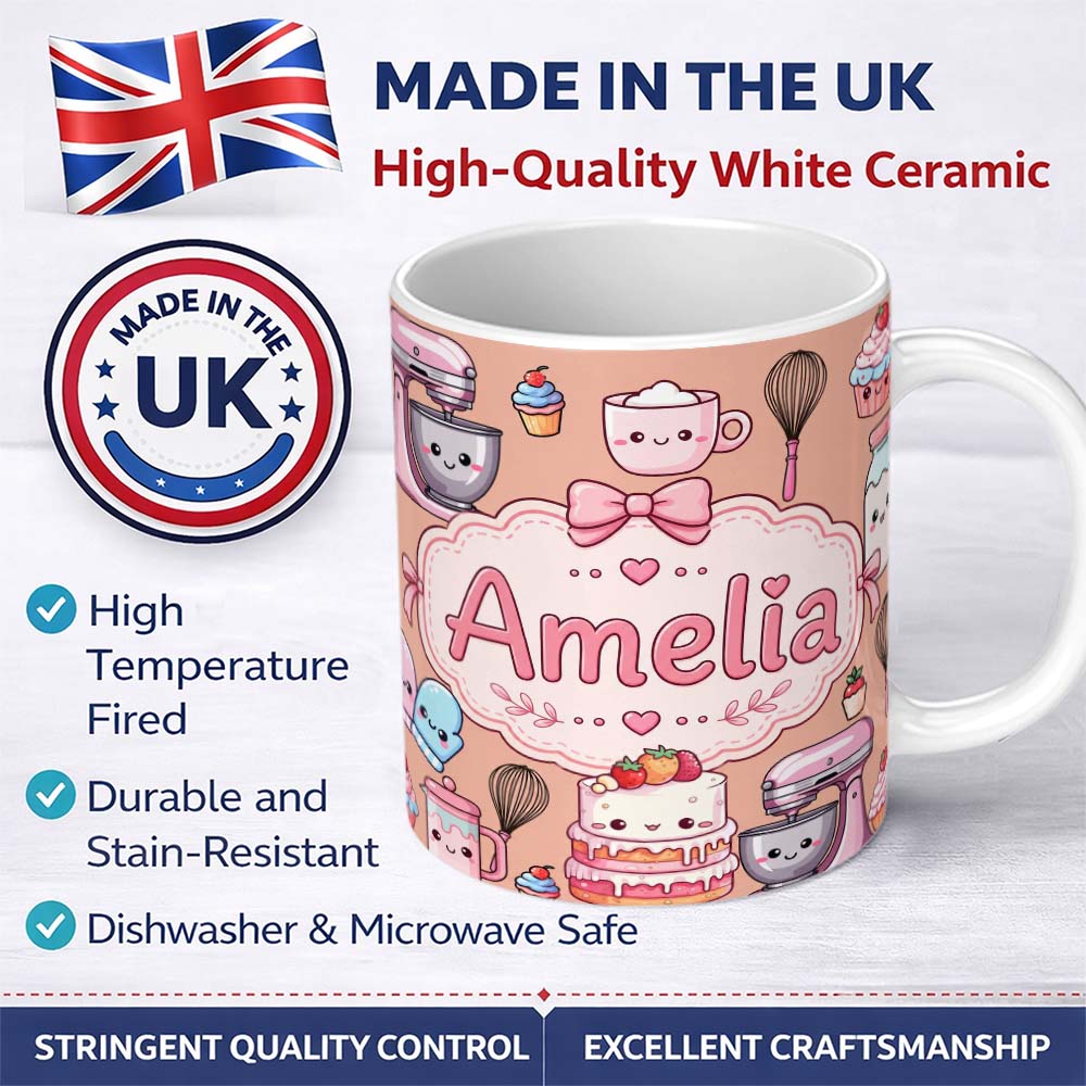 Personalized Custom Name Kawaii Baking Mixer Cake and Cupcake Tools on Peach Seamless 11oz Ceramic Coffee Tea Mug White Large Handle