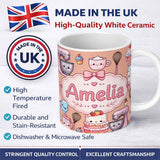 Personalized Custom Name Kawaii Baking Mixer Cake and Cupcake Tools on Peach Seamless 11oz Ceramic Coffee Tea Mug White Large Handle