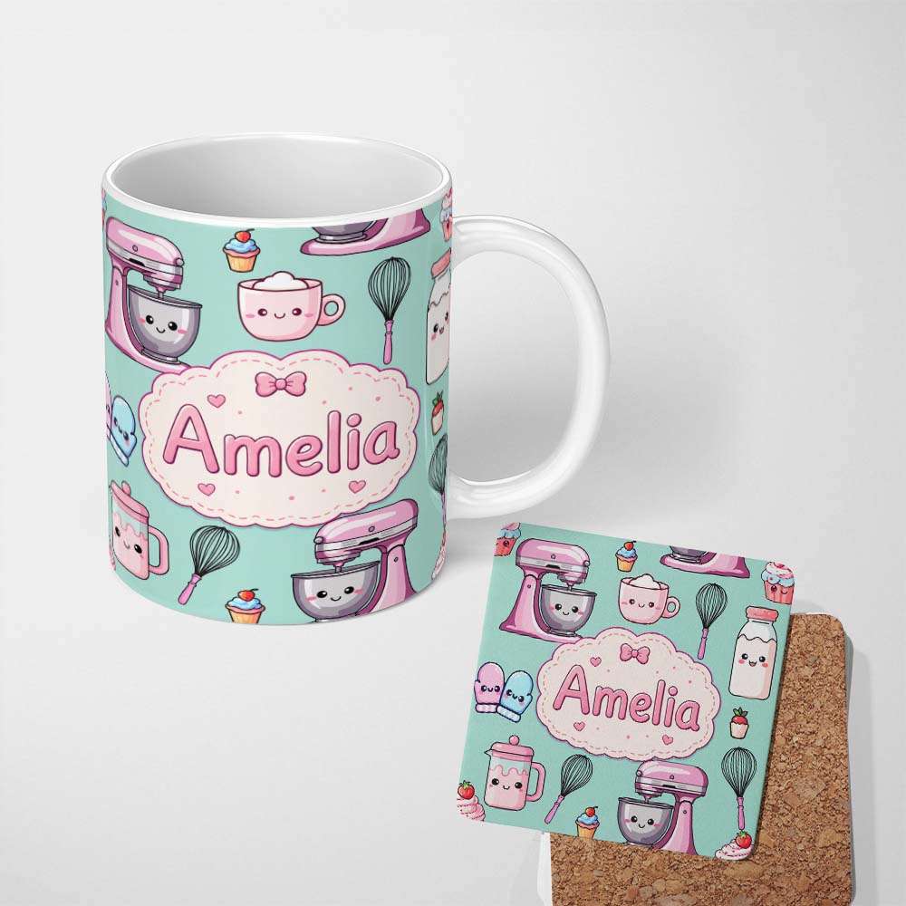 Personalized Custom Name Kawaii Baking Mixer Cake and Cupcake Tools on Mint Seamless Pattern 11oz Ceramic Coffee Tea Mug White Large Handle