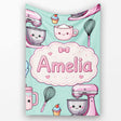 Kawaii Baking Mixer Cake and Cupcake Tools on Mint Seamless Pattern  Personalised Custom Name Super Soft Fleece Blanket Bed Sofa Throw