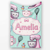 Kawaii Baking Mixer Cake and Cupcake Tools on Mint Seamless Pattern  Personalised Custom Name Super Soft Fleece Blanket Bed Sofa Throw