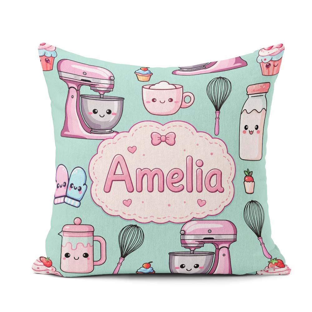 Custom Name Kawaii Mixer Cake and Cupcake Tools on Mint Seamless Square Filled Cushion Throw Pillow Sofa Bed Home Decor Zip Washable UK Made