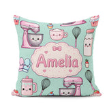 Custom Name Kawaii Mixer Cake and Cupcake Tools on Mint Seamless Square Filled Cushion Throw Pillow Sofa Bed Home Decor Zip Washable UK Made