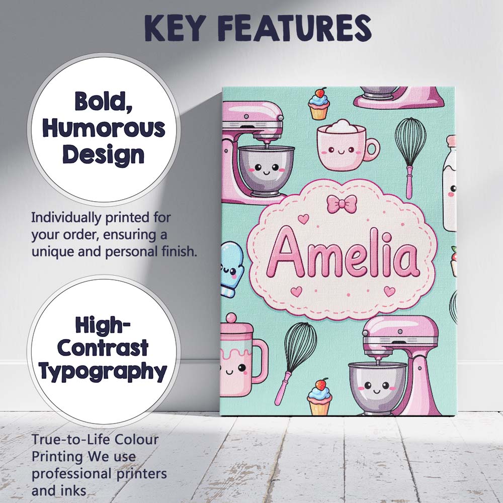 Personalised Name Kawaii Baking Mixer Cake Custom  Unique Gift Idea Elegant Feature Canvas Wall Art Print Decor Picture Ready to Hang
