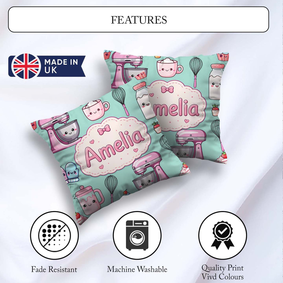 Custom Name Kawaii Mixer Cake and Cupcake Tools on Mint Seamless Square Filled Cushion Throw Pillow Sofa Bed Home Decor Zip Washable UK Made