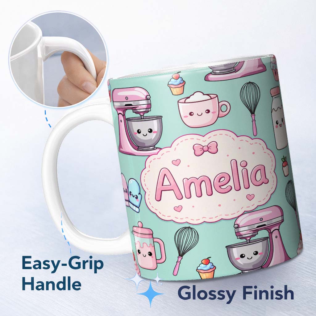 Personalized Custom Name Kawaii Baking Mixer Cake and Cupcake Tools on Mint Seamless Pattern 11oz Ceramic Coffee Tea Mug White Large Handle