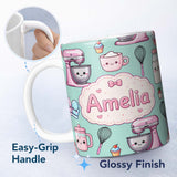Personalized Custom Name Kawaii Baking Mixer Cake and Cupcake Tools on Mint Seamless Pattern 11oz Ceramic Coffee Tea Mug White Large Handle