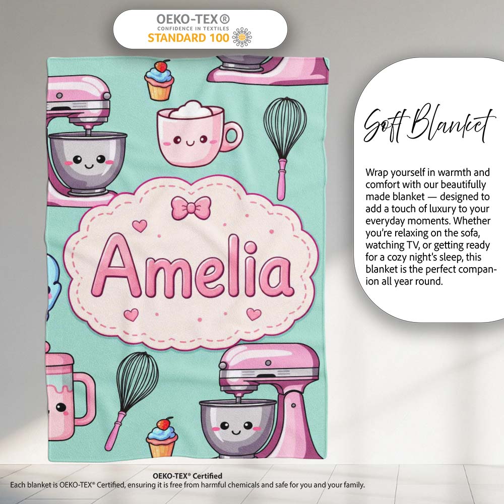 Kawaii Baking Mixer Cake and Cupcake Tools on Mint Seamless Pattern  Personalised Custom Name Super Soft Fleece Blanket Bed Sofa Throw