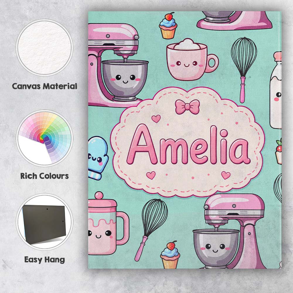 Personalised Name Kawaii Baking Mixer Cake Custom  Unique Gift Idea Elegant Feature Canvas Wall Art Print Decor Picture Ready to Hang
