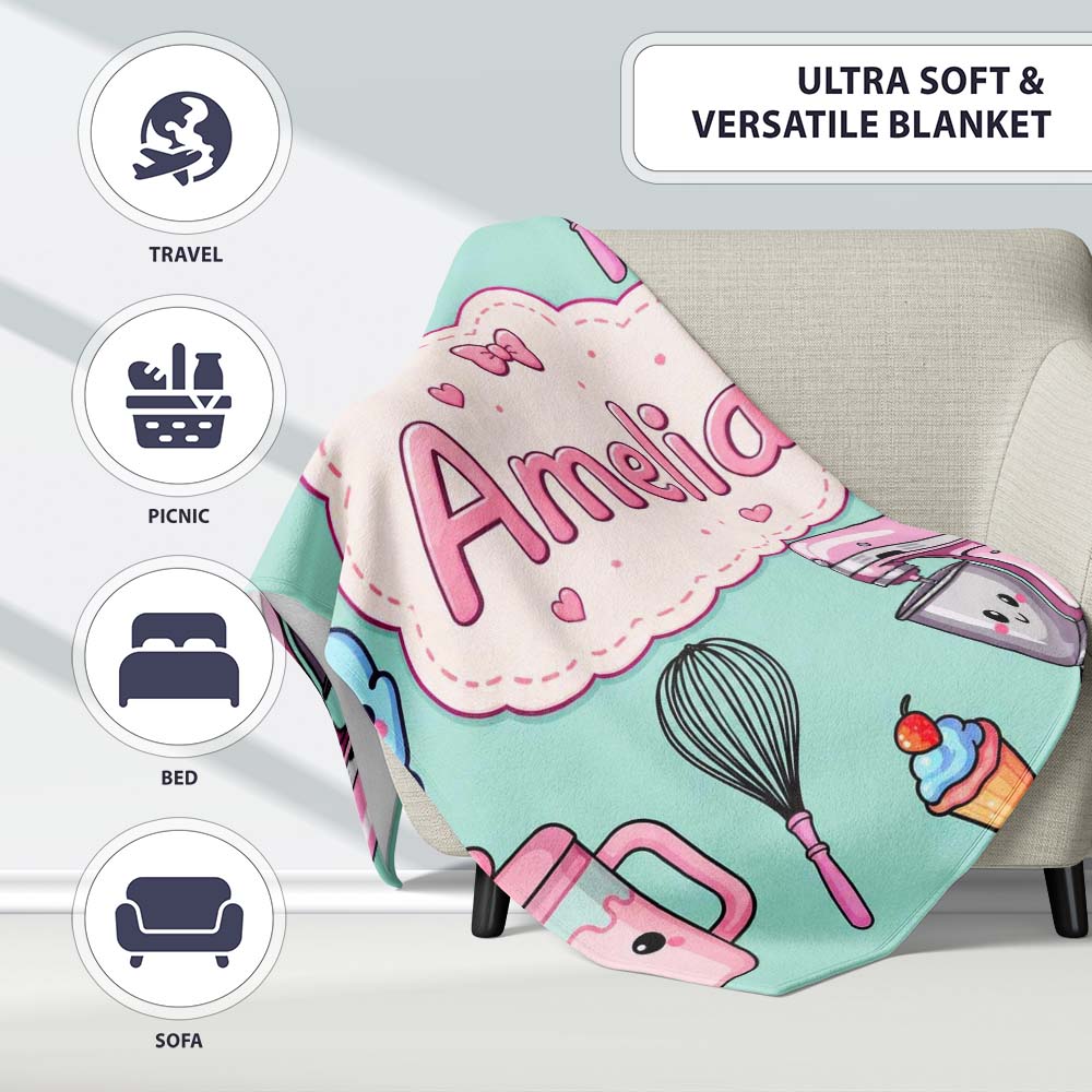 Kawaii Baking Mixer Cake and Cupcake Tools on Mint Seamless Pattern  Personalised Custom Name Super Soft Fleece Blanket Bed Sofa Throw