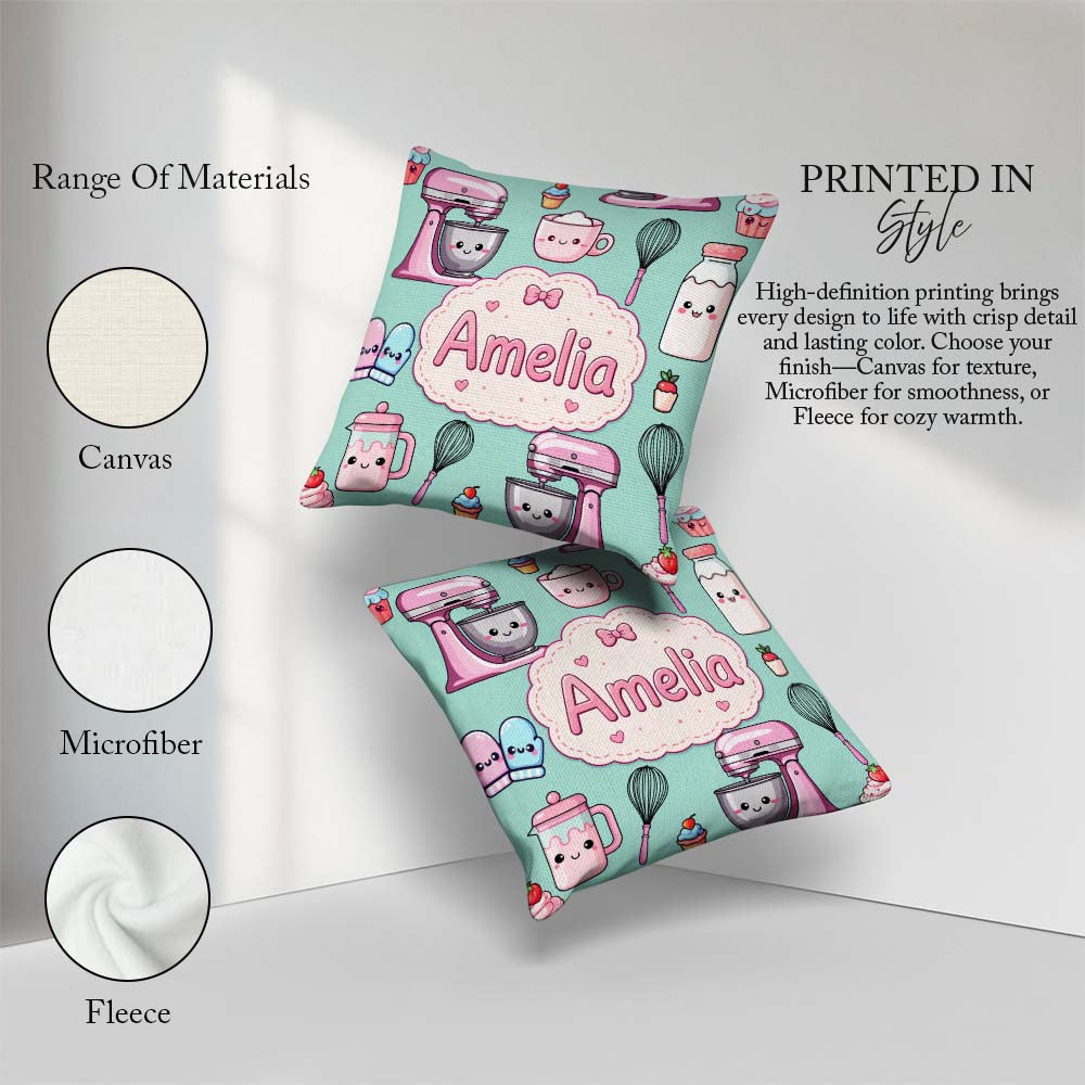 Custom Name Kawaii Mixer Cake and Cupcake Tools on Mint Seamless Square Filled Cushion Throw Pillow Sofa Bed Home Decor Zip Washable UK Made
