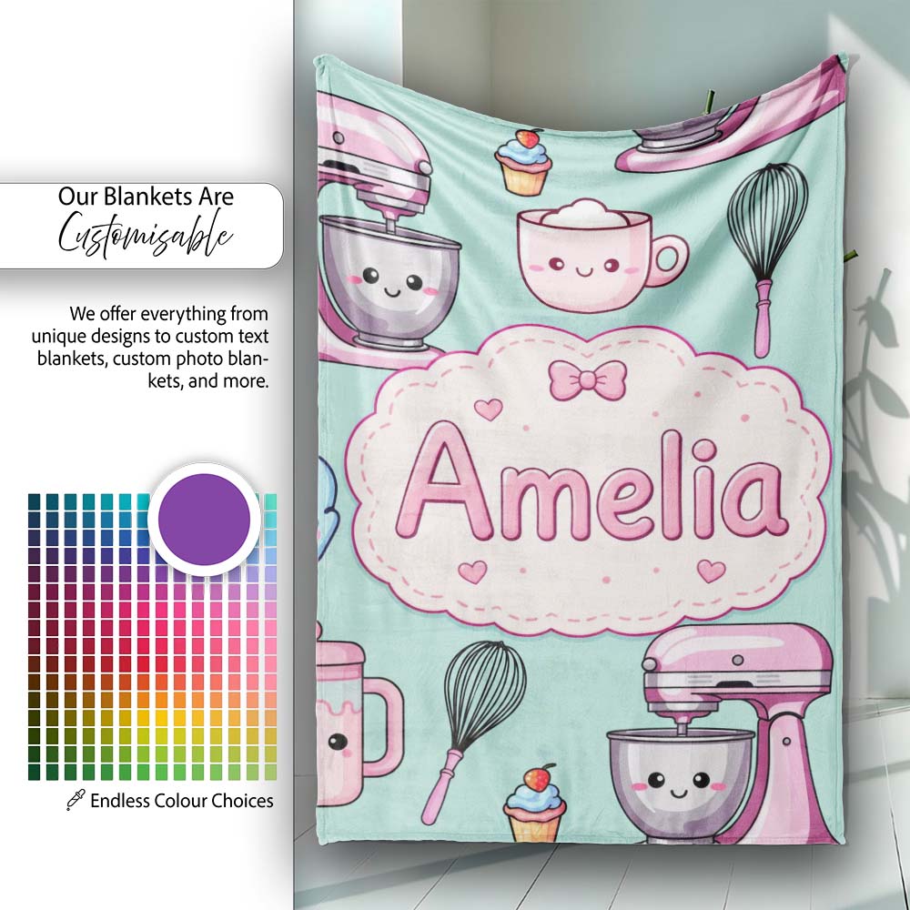 Kawaii Baking Mixer Cake and Cupcake Tools on Mint Seamless Pattern  Personalised Custom Name Super Soft Fleece Blanket Bed Sofa Throw