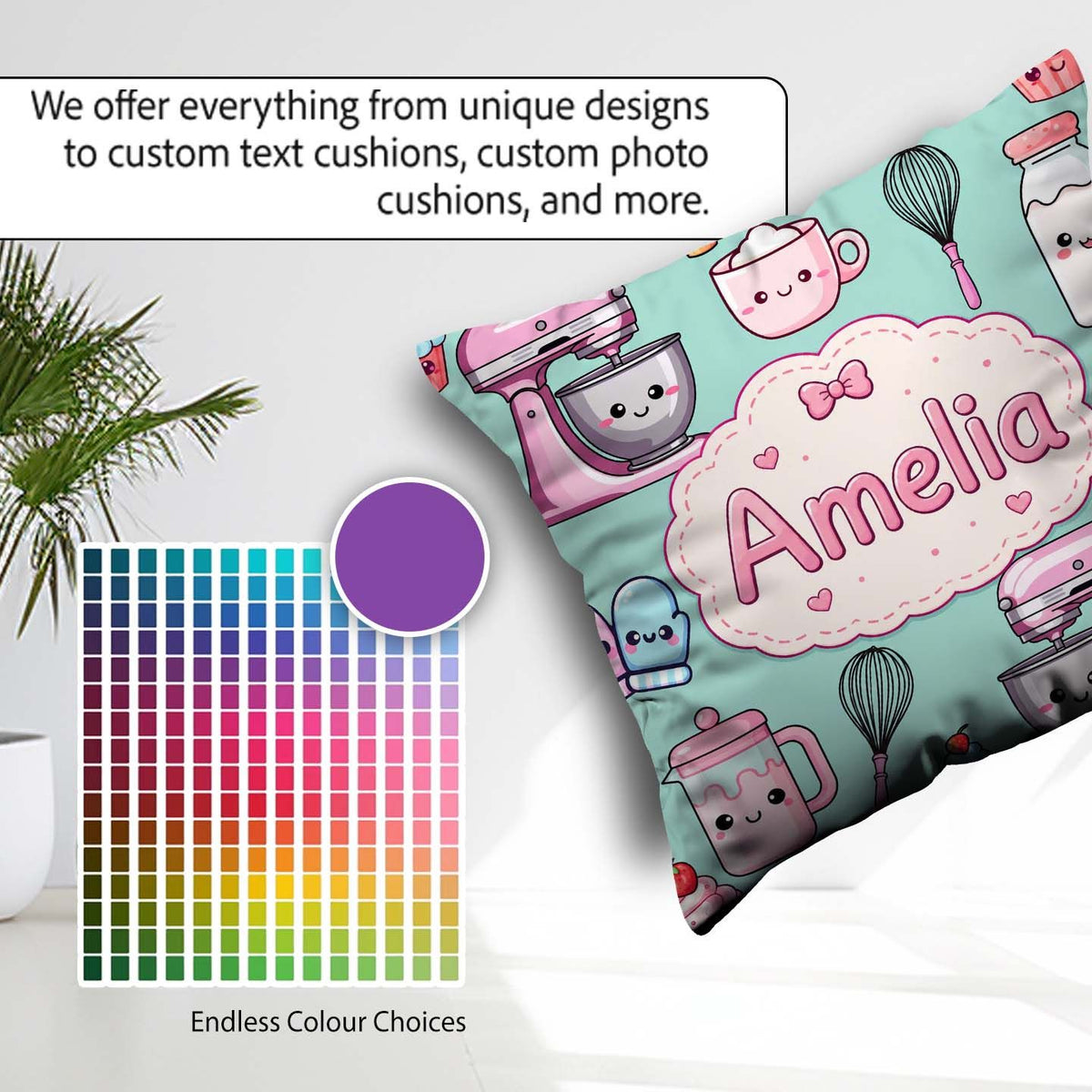 Custom Name Kawaii Mixer Cake and Cupcake Tools on Mint Seamless Square Filled Cushion Throw Pillow Sofa Bed Home Decor Zip Washable UK Made
