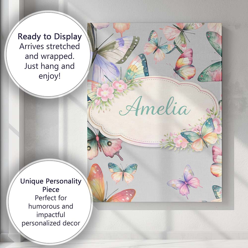 Personalised Name Pastel Watercolor Butterflies Soft Grey Background Custom  Home Canvas Wall Art Print Decor Picture Ready to Hang