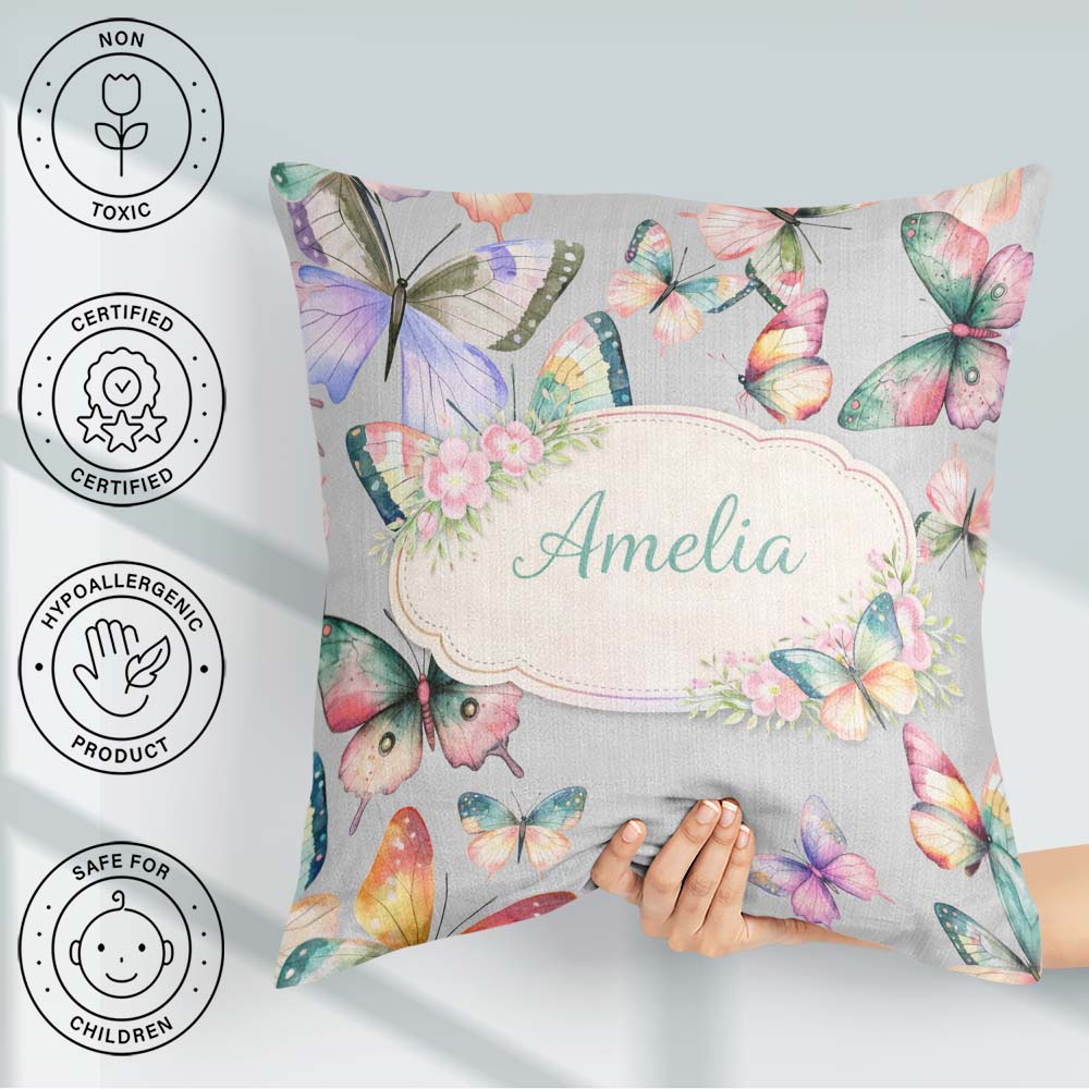 Custom Name Watercolor Butterflies Soft Grey Background Seamless Square Filled Cushion Throw Pillow Sofa Bed Home Decor Zip Washable UK Made