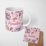 Personalized Custom Name Kawaii Baking Mixer Cake and Cupcake Tools on Soft Pink Seamless 11oz Ceramic Coffee Tea Mug White Large Handle