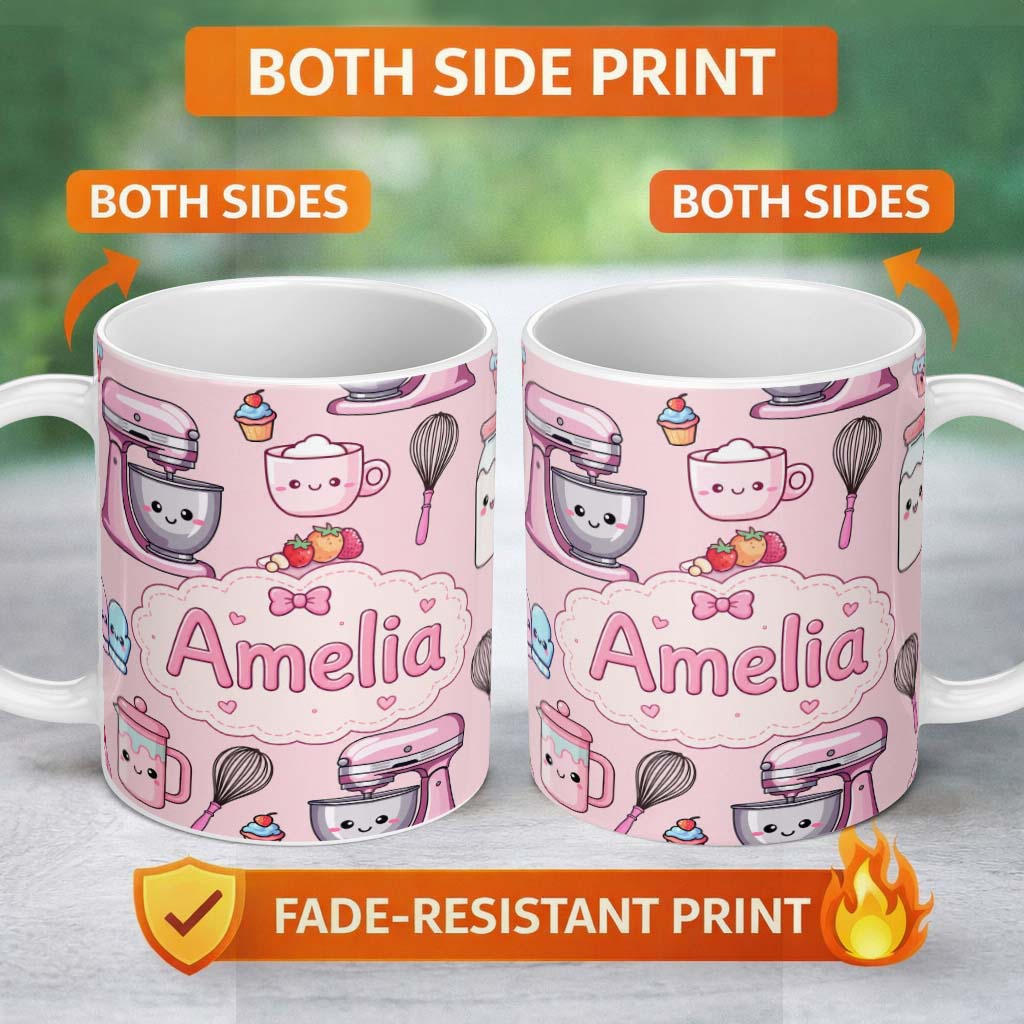 Personalized Custom Name Kawaii Baking Mixer Cake and Cupcake Tools on Soft Pink Seamless 11oz Ceramic Coffee Tea Mug White Large Handle