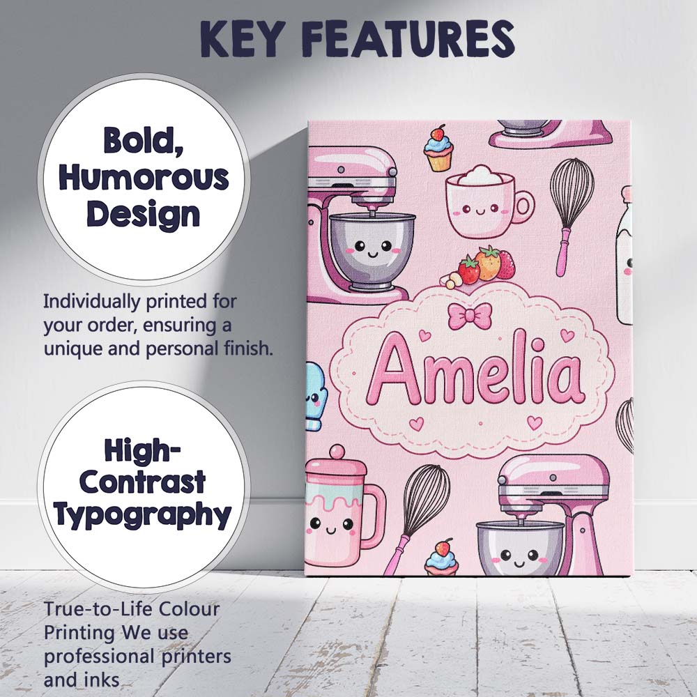 Personalised Name Kawaii Baking Mixer Cake Custom  Unique Gift Idea Elegant Feature Canvas Wall Art Print Decor Picture Ready to Hang