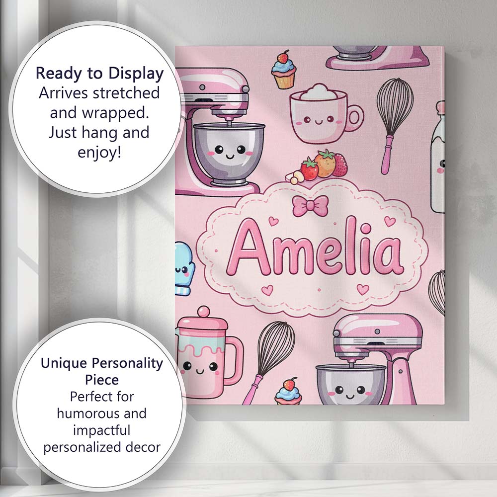 Personalised Name Kawaii Baking Mixer Cake Custom  Unique Gift Idea Elegant Feature Canvas Wall Art Print Decor Picture Ready to Hang