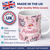 Personalized Custom Name Kawaii Baking Mixer Cake and Cupcake Tools on Soft Pink Seamless 11oz Ceramic Coffee Tea Mug White Large Handle