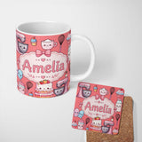 Personalized Custom Name Kawaii Baking Mixer Cake and Cupcake Tools on Coral Seamless 11oz Ceramic Coffee Tea Mug White Large Handle