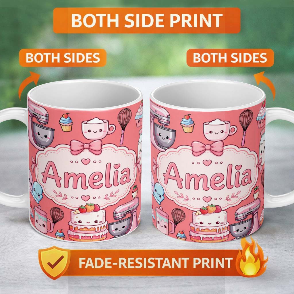 Personalized Custom Name Kawaii Baking Mixer Cake and Cupcake Tools on Coral Seamless 11oz Ceramic Coffee Tea Mug White Large Handle