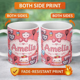 Personalized Custom Name Kawaii Baking Mixer Cake and Cupcake Tools on Coral Seamless 11oz Ceramic Coffee Tea Mug White Large Handle